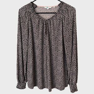 Boden Floral Long-Sleeve Smocked Key-Hole Blouse Black & Pink Women's Size 8